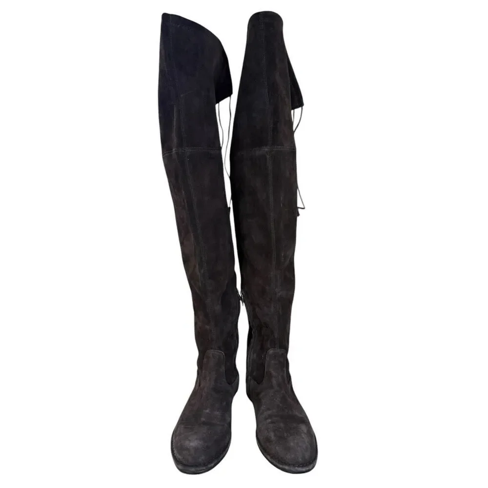 Frye Brown Suede Over-the-Knee Flat Boots with Tie Detail Size 8M